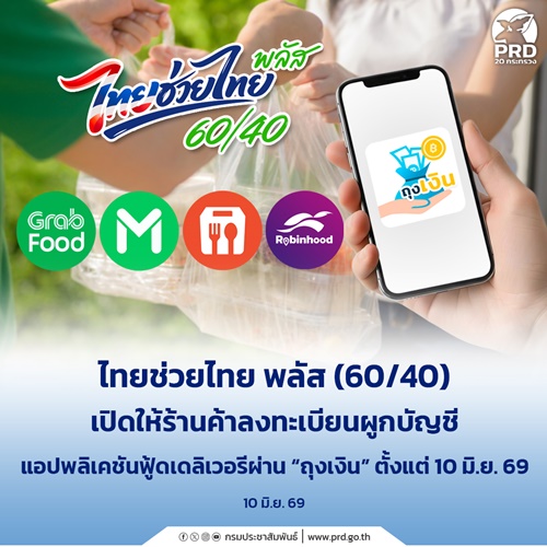 ไทยช่วยไทย พลัส (60/40) เปิดให้ร้านค้าลงทะเบียนผูกบัญชีแอปพลิเคชันฟู้ดเดลิเวอรี