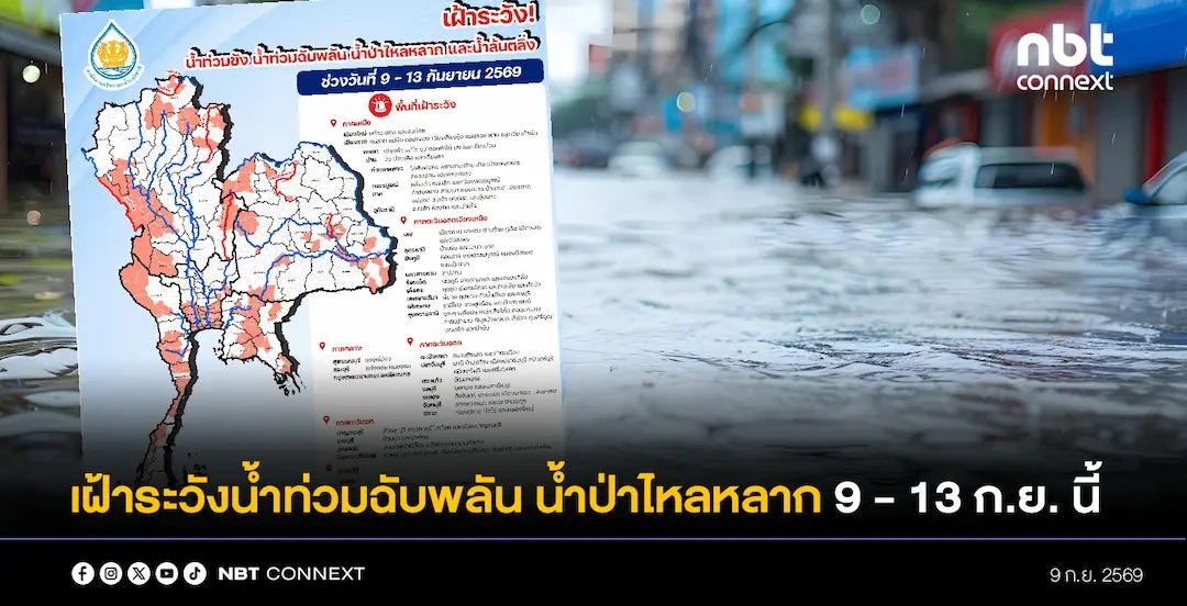 สทนช. ออกประกาศเฝ้าระวังน้ำท่วมขัง น้ำท่วมฉับพลัน น้ำป่าไหลหลาก และน้ำล้นตลิ่ง 9 - 13 กันยายน นี้ 