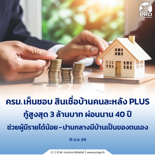 ครม. เห็นชอบ สินเชื่อบ้านคนละหลัง PLUS กู้สูงสุด 3 ล้านบาท ผ่อนนาน 40 ปี